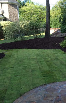 Beautiful sod lawn installation enhancing Atlanta home’s curb appeal Freshly installed sod lawn with lush green grass in Atlanta landscape